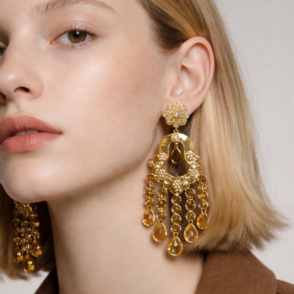 RUJ 18K Yellow Gold Chandelier Earrings Natural Diamonds & Citrines 27.5g